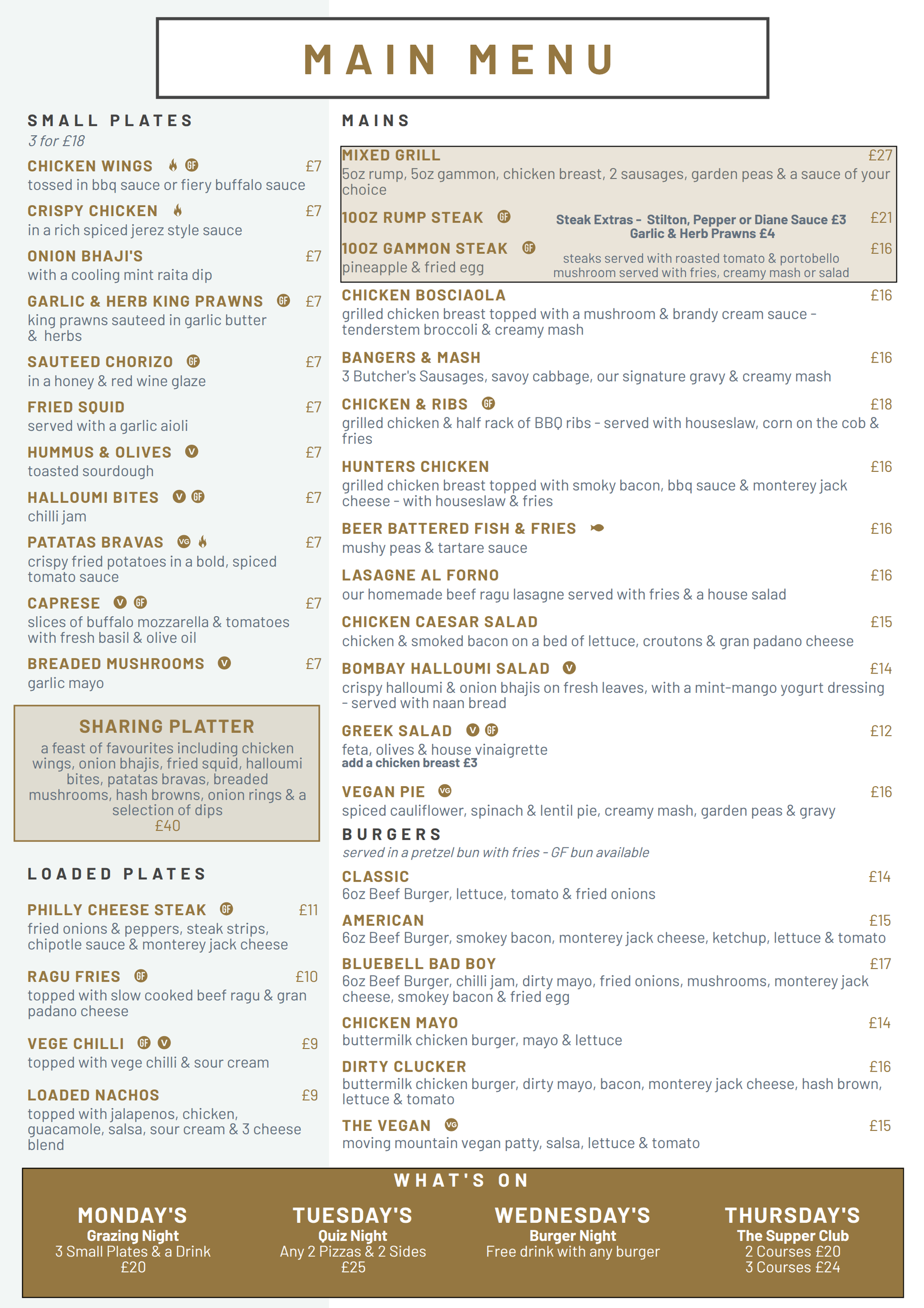 Restaurant main menu with appetizer, entree, and dessert sections in a beige and brown layout