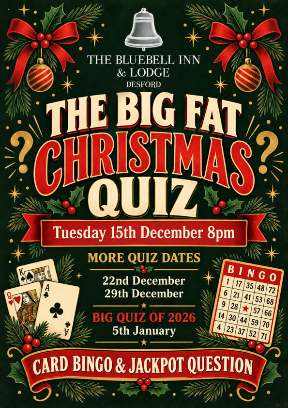 Christmas quiz poster with bells, holly, and red-gold text: Tuesday 15th December, card bingo and jackpot question
