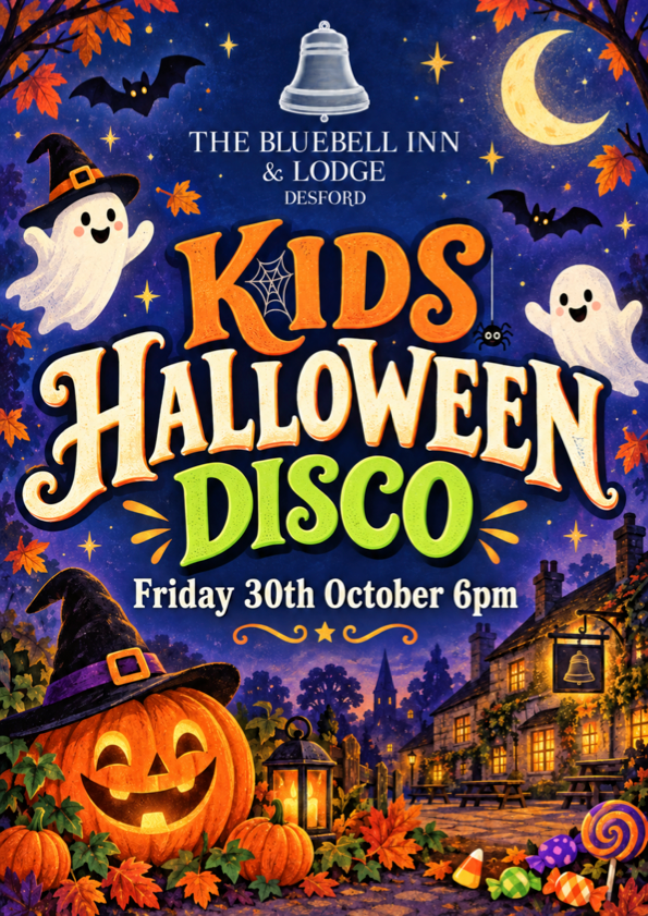 Kids Halloween Disco poster with pumpkins, ghosts, bats, and a spooky village, Friday 30th October 6pm
