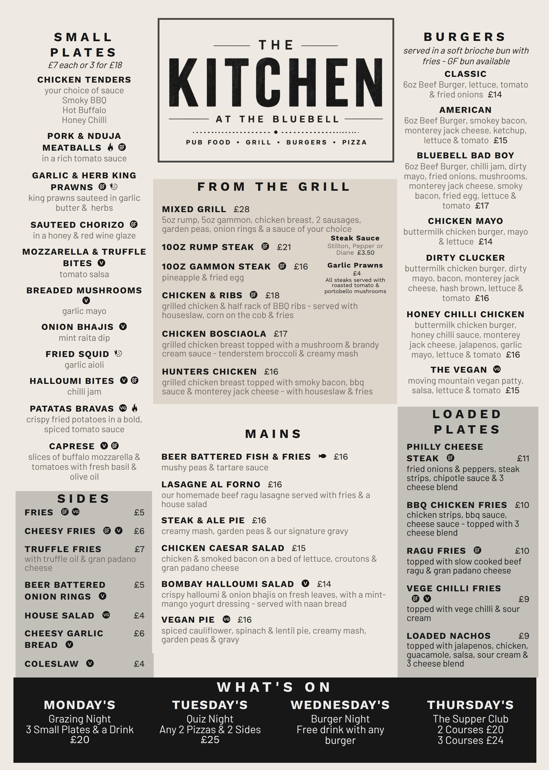 Black-and-white kitchen menu poster with sections for mains, starters, sides, and drinks