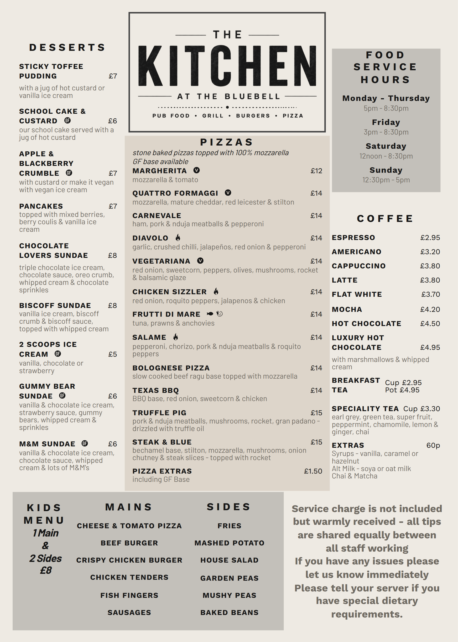 Menu page titled “KITCHEN” with multiple columns of food and drink items, prices, and handwritten-style text.