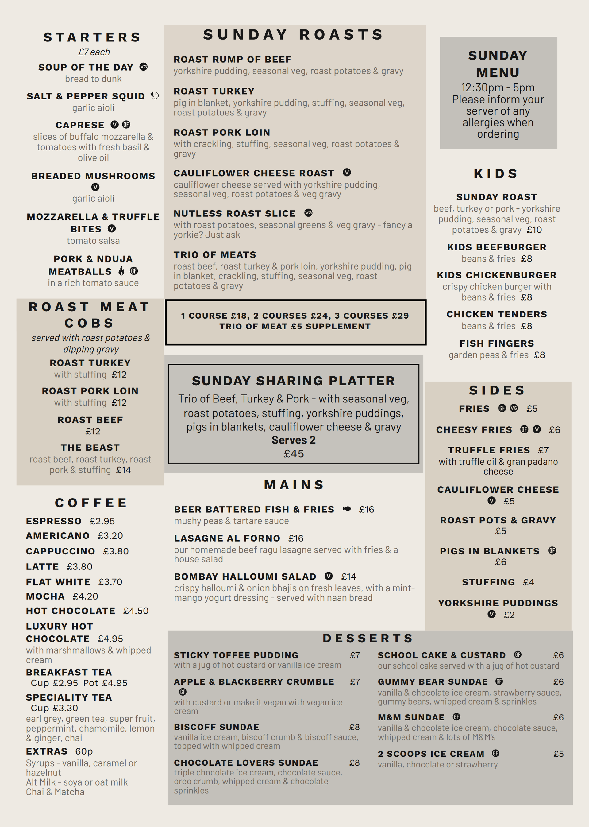 Multi-column food menu with prices, cream and gold sections, and handwritten-style headings.