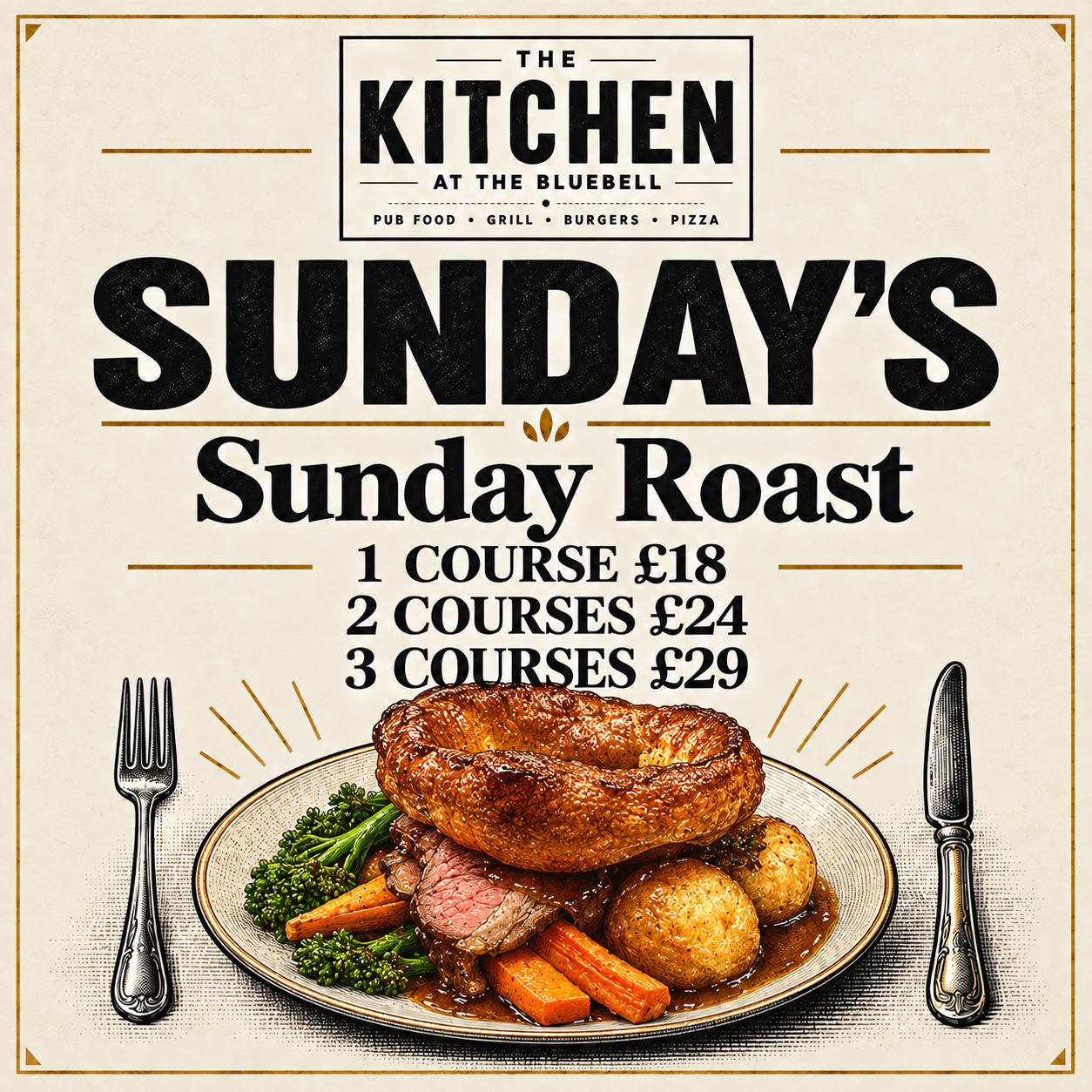 Promotional poster for Sunday roast, with plated roast dinner and prices for 1, 2, or 3 courses