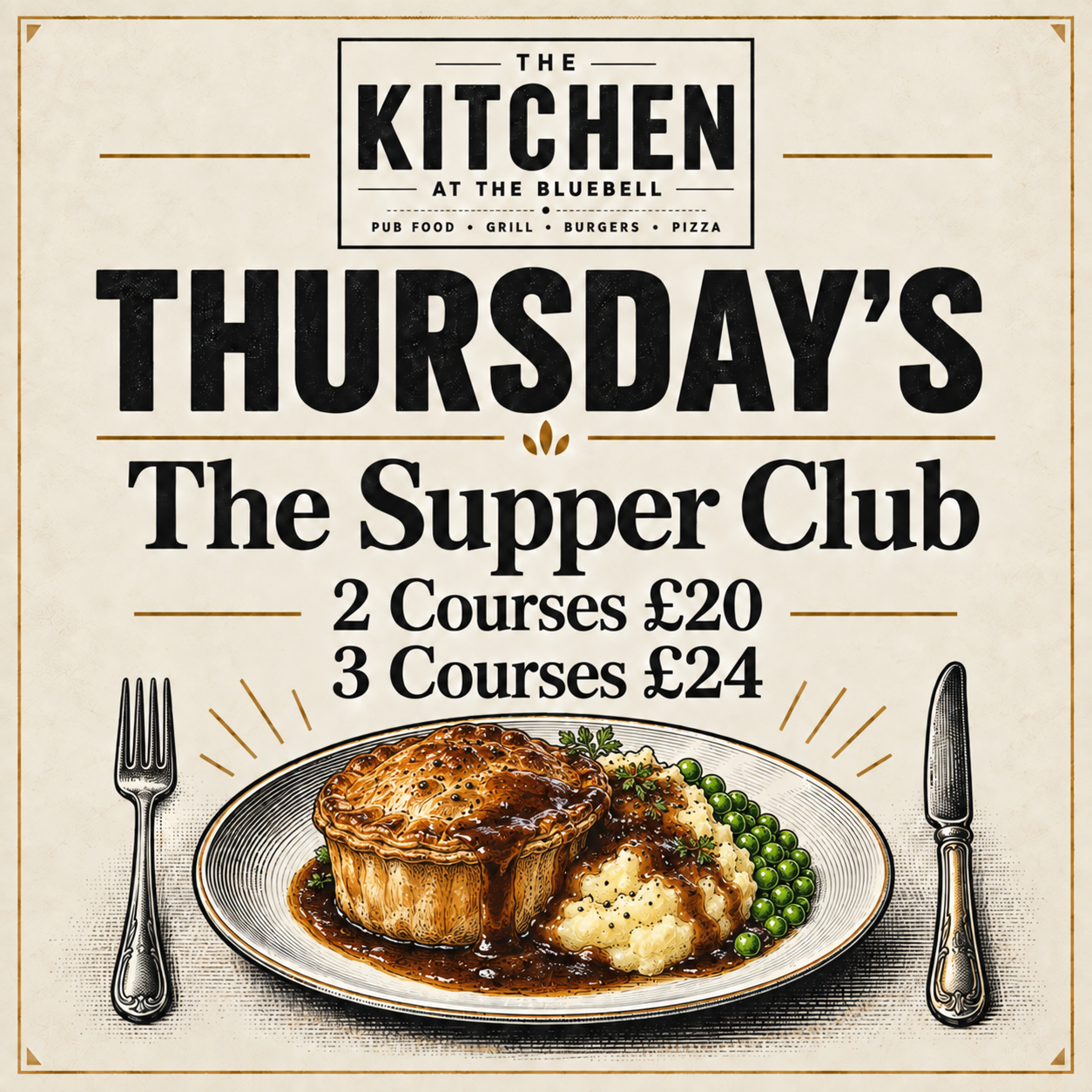 Restaurant poster for Thursday’s Super Club: 2 courses £20, 3 courses £24, with plated roast meal.