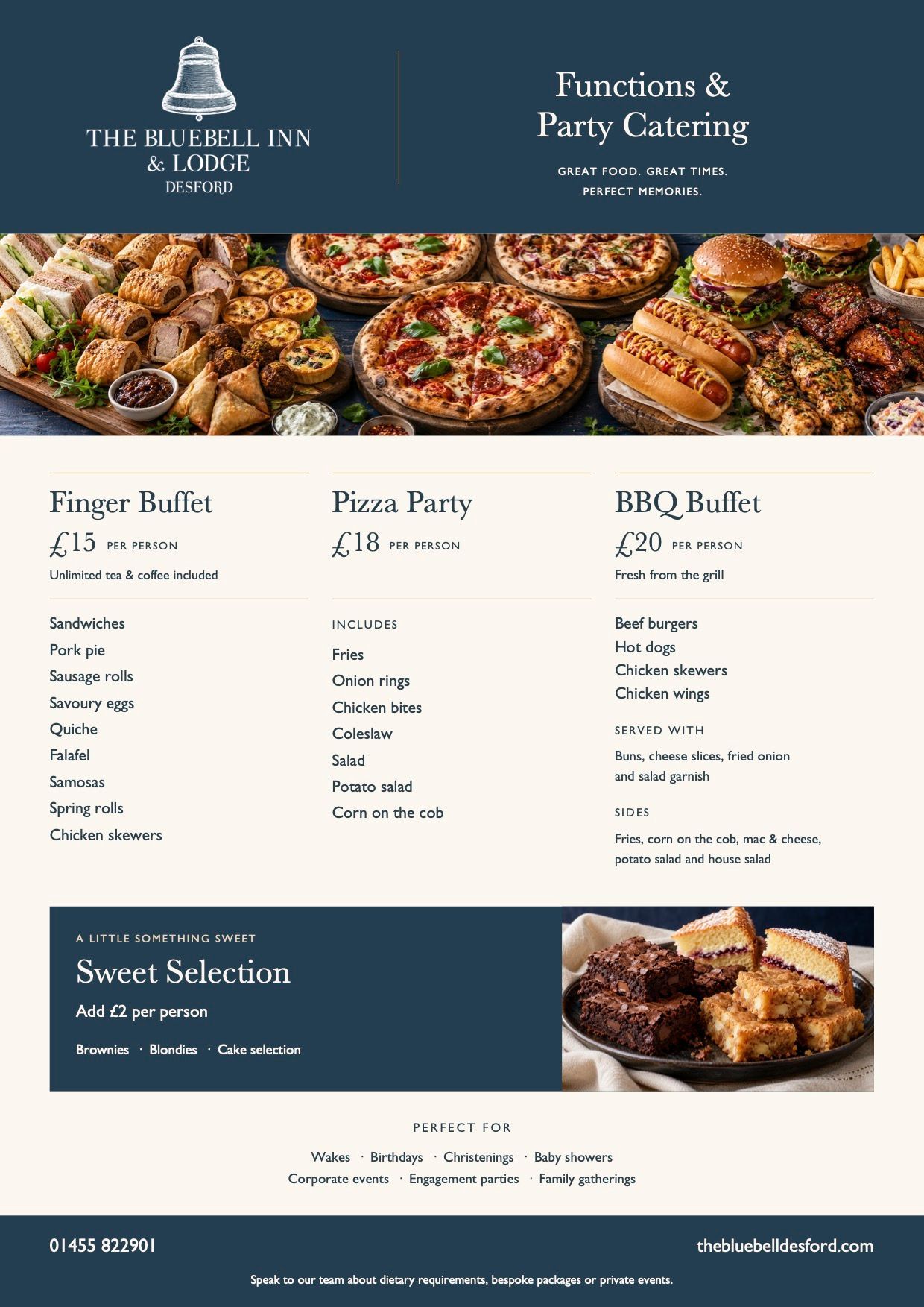 Bluebell Inn & Lodge takeout menu poster with pizza, wings, and other food items in blue and white layout