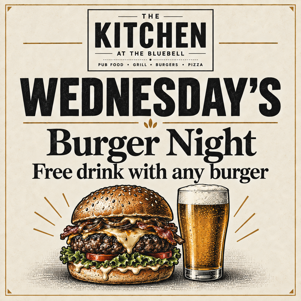 Restaurant promo for Wednesday burger night: free drink with any burger, showing burger and beer glass