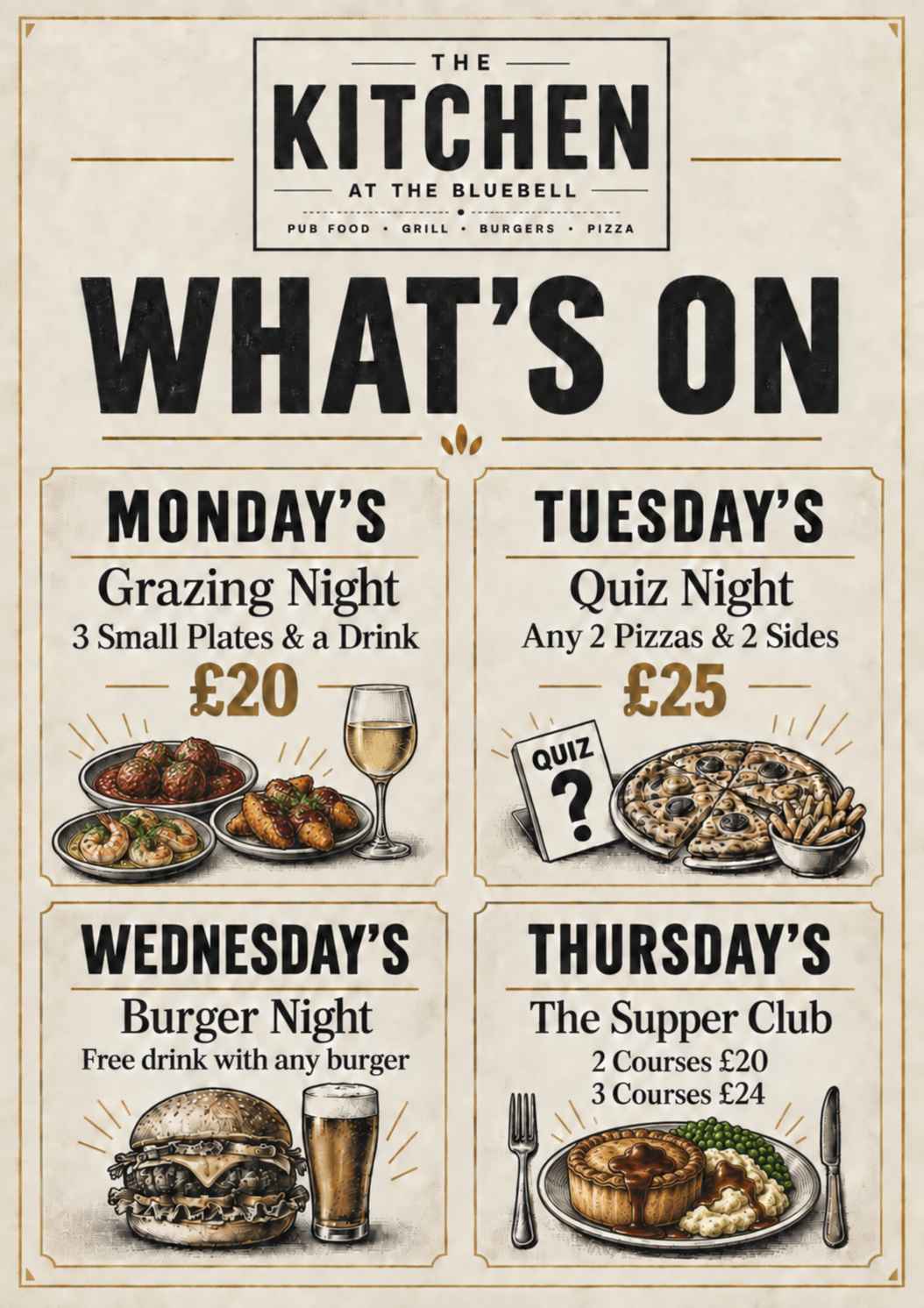 Weekly restaurant specials poster for The Kitchen, listing Monday to Thursday food and quiz nights with prices.