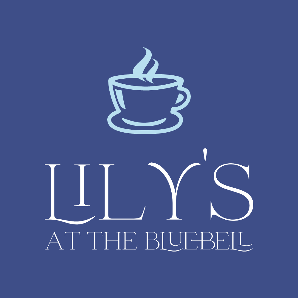 Blue logo with a steaming coffee cup above the words “LILY’S AT THE BLUEBEL.”