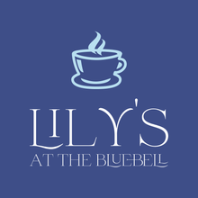 Blue logo with a steaming coffee cup above the words “LILY’S AT THE BLUEBEL.”