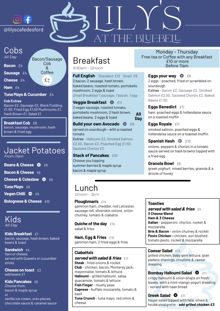 Lily’s at the Purple menu board with breakfast, lunch, drinks and kids sections on a purple background
