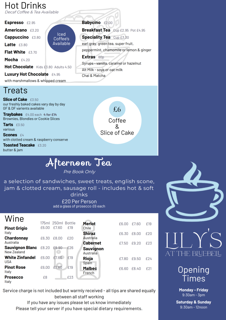 Blue café menu board with hot drinks, treats, afternoon tea, and wine, plus a cup logo on the right