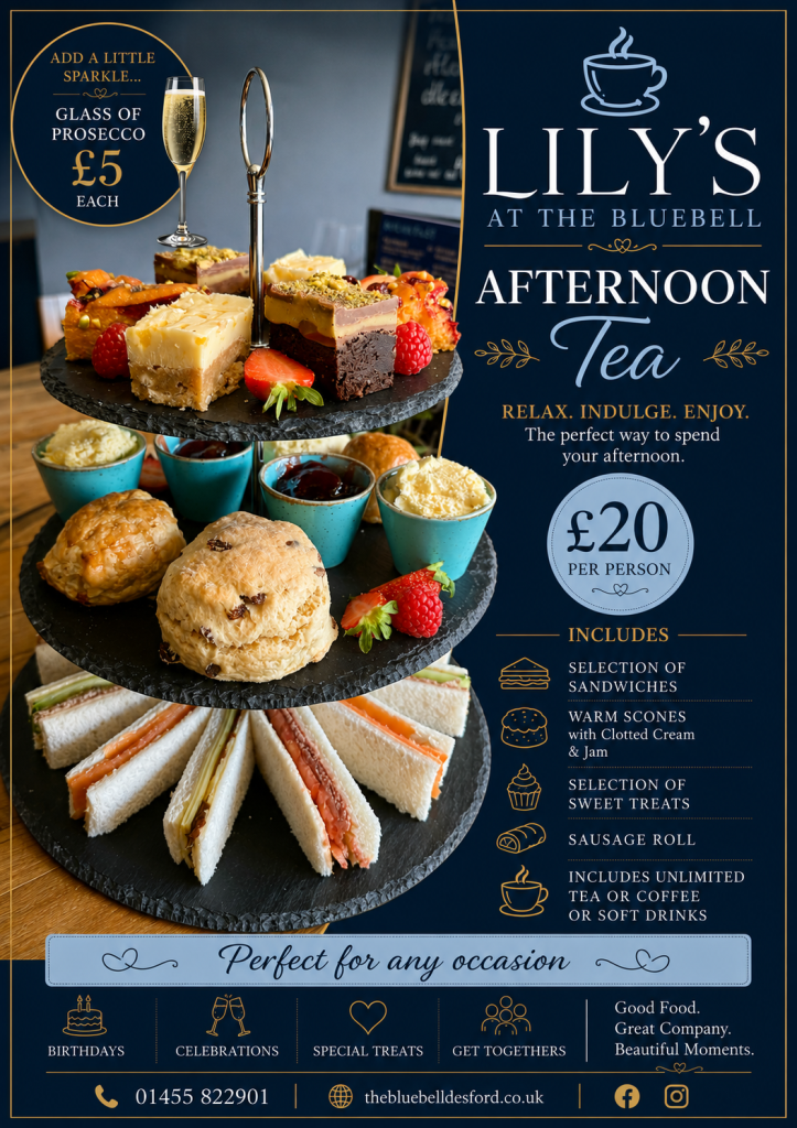 Lily's Afternoon Tea poster with tiered cakes, sandwiches, scones, and tea on a dark blue background.