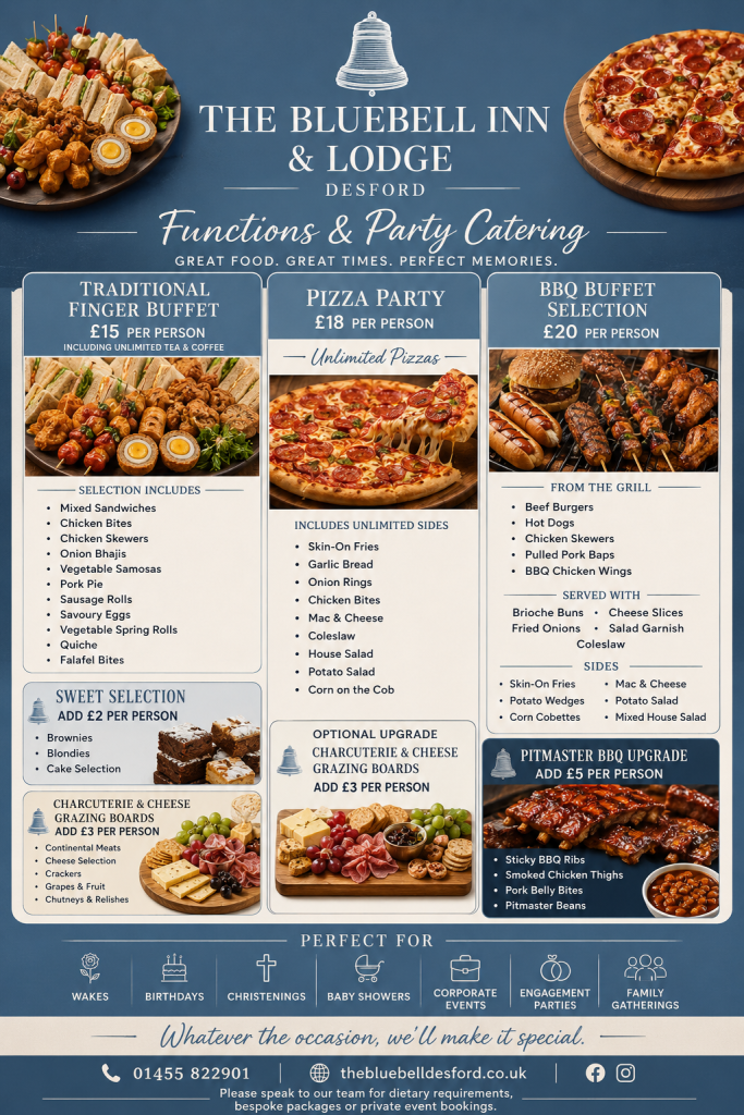Bluebell Inn & Lodge takeout menu poster with pizza, wings, and other food items in blue and white layout