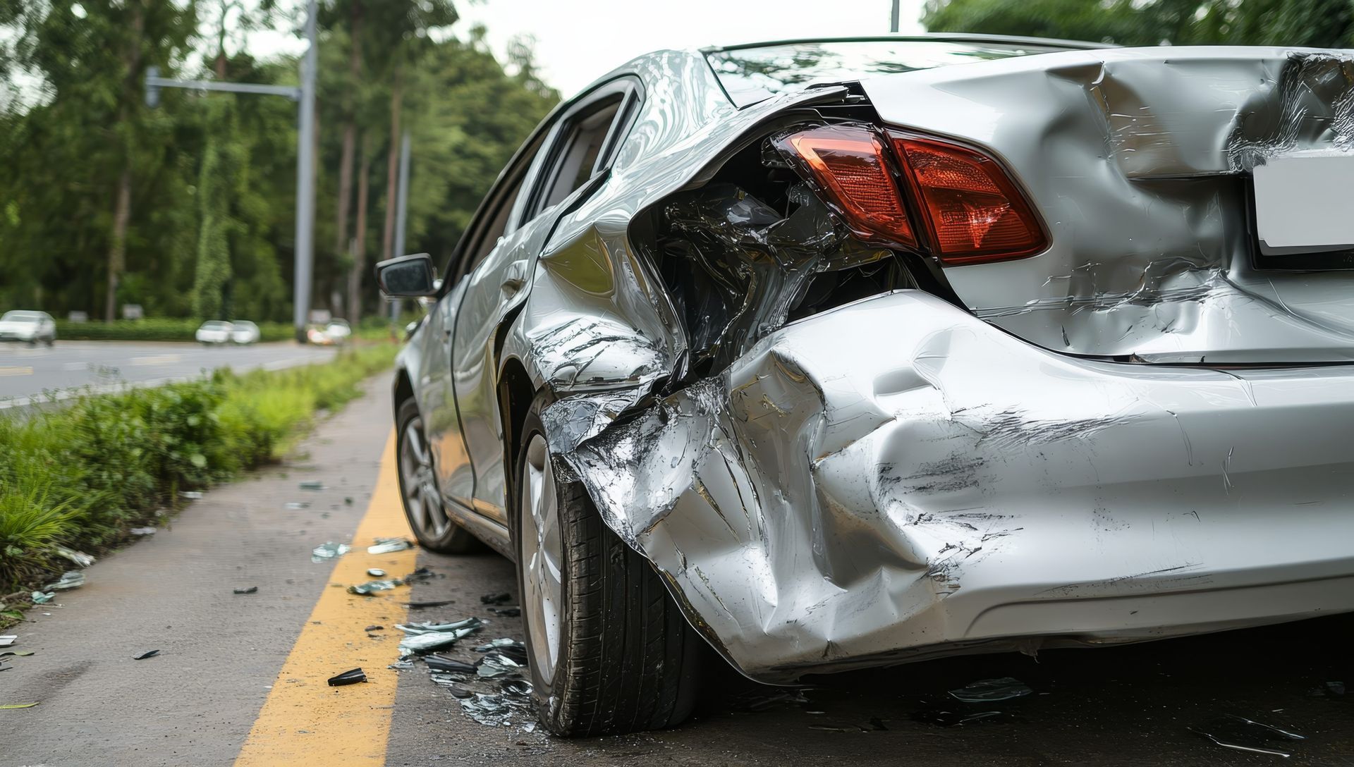 Crushed silver car rear-end on roadside with shattered glass and damaged bumper after crash