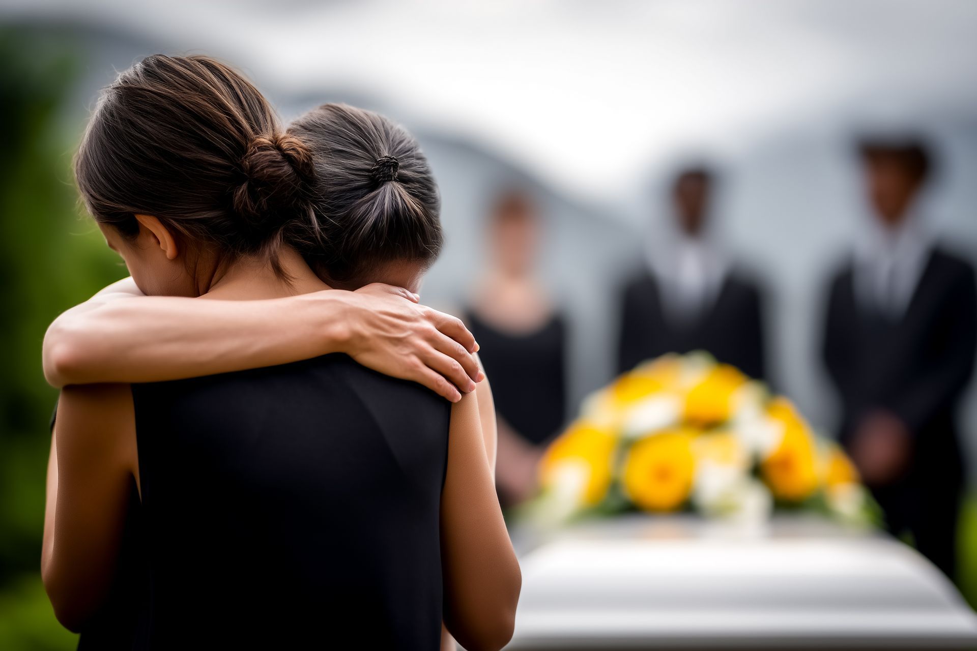 Two people embrace at a funeral, filing a wrongful death claim in Texas.