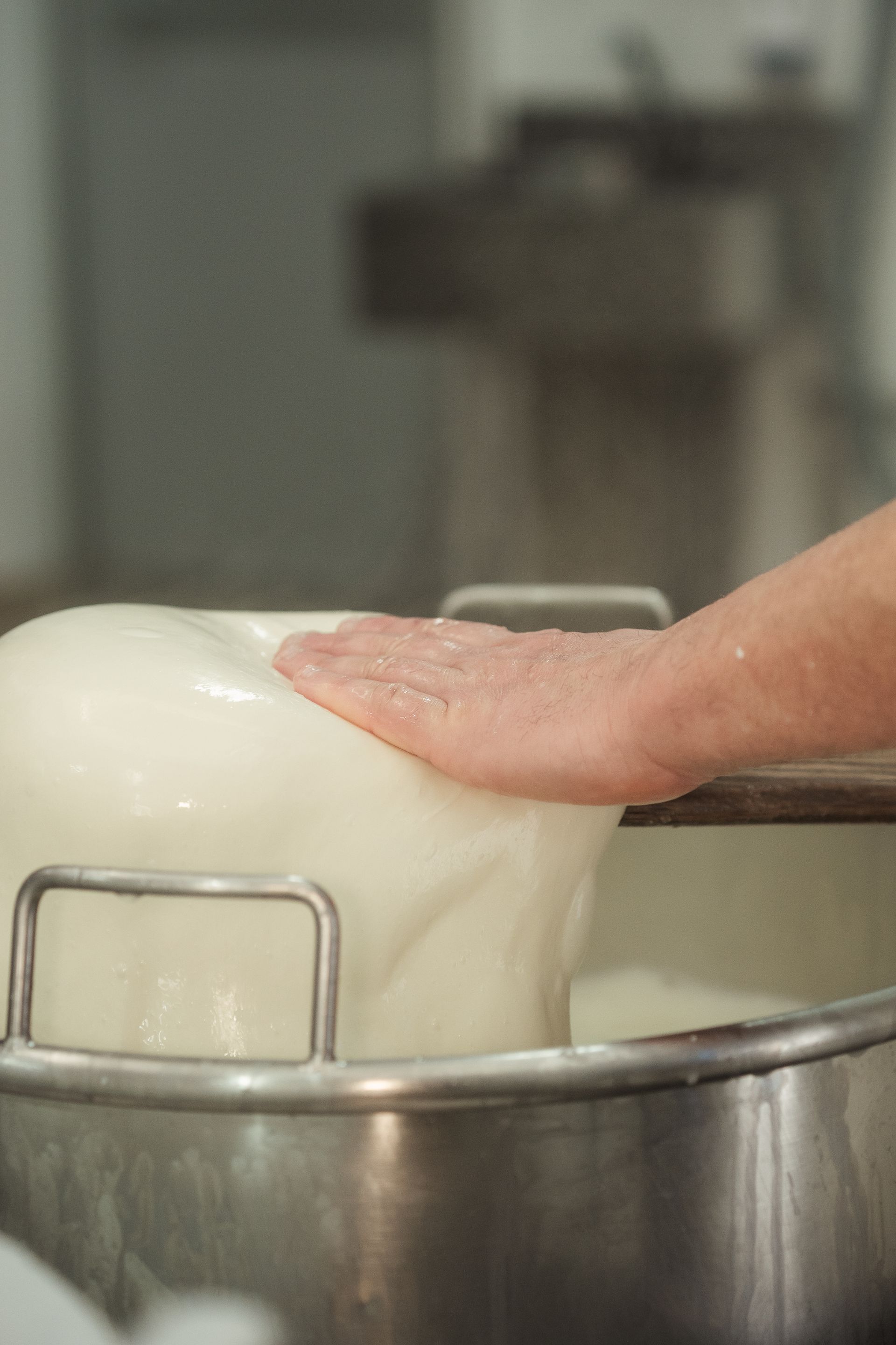 Premere con le dita l'impasto bianco e morbido in una ciotola di metallo.