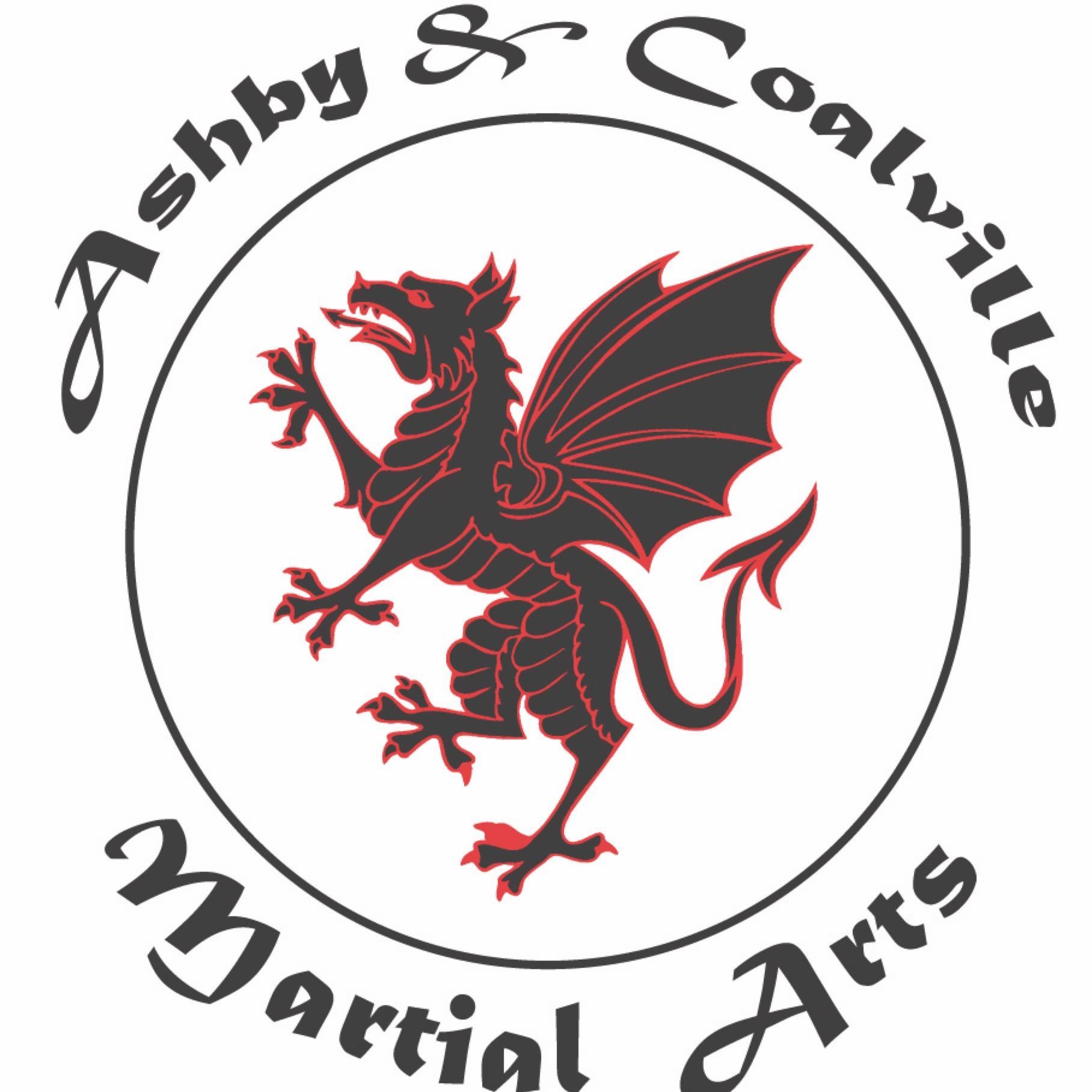 A logo for ashby & coalville martial arts with a dragon in a circle.