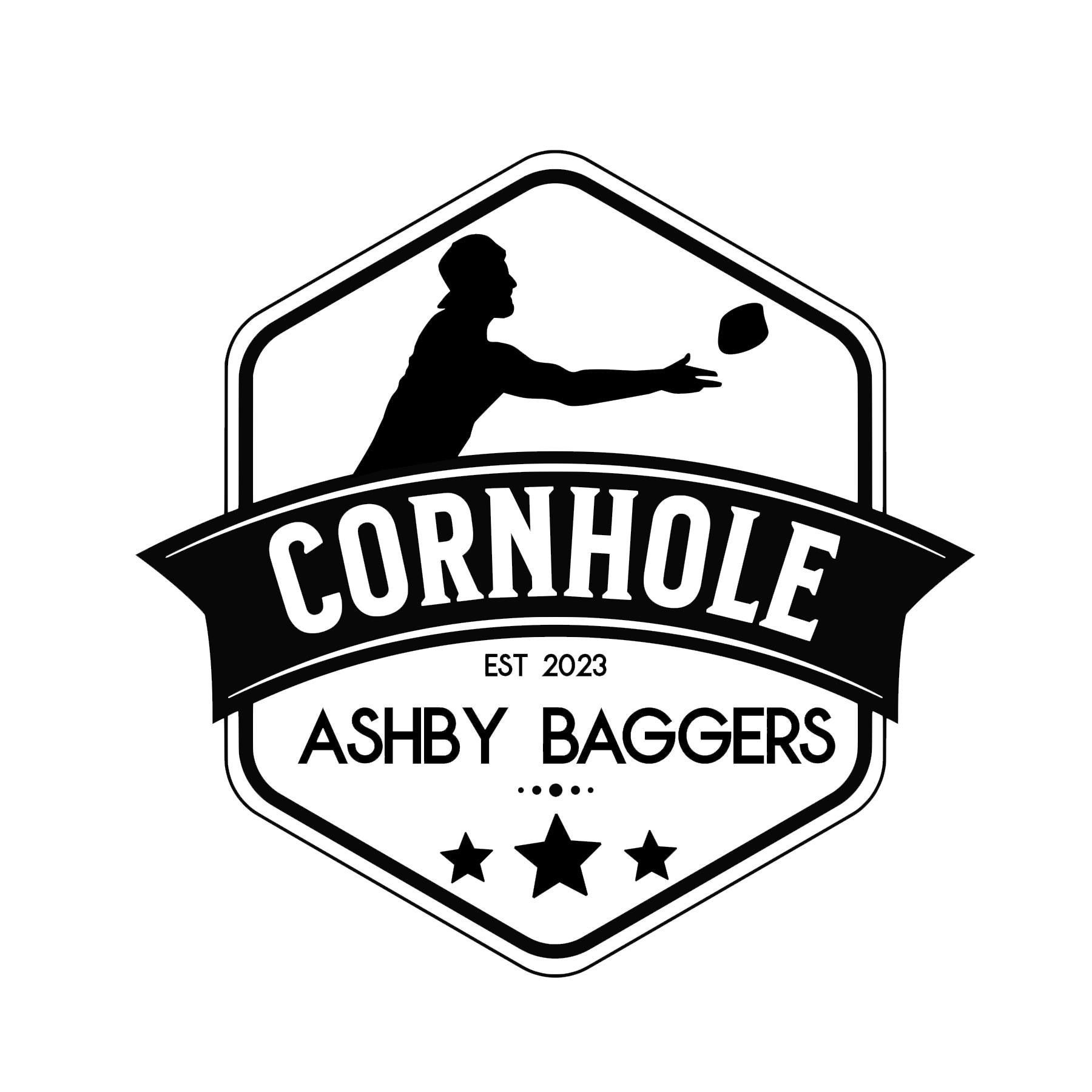 A black and white logo for a bowling team called cornhole ashby baggers.