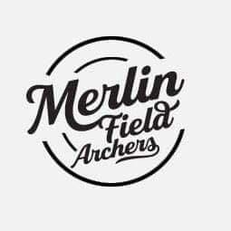 A black and white logo for merlin field archers on a white background.