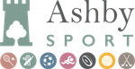 The logo for ashby sport shows a castle and various sports icons.