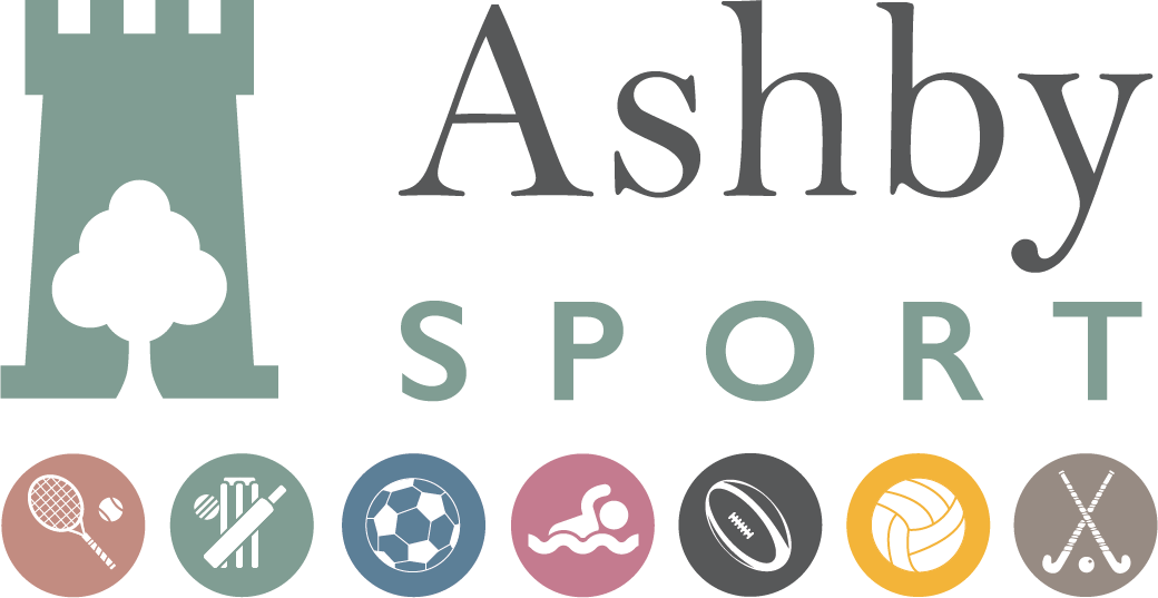 The logo for ashby sport shows a castle and various sports icons.