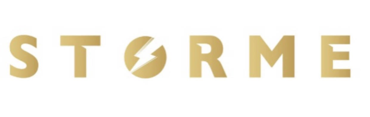 The word storme is written in gold on a white background