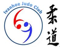 The logo for the ivanhoe judo club has a red , blue and white figure in a circle.