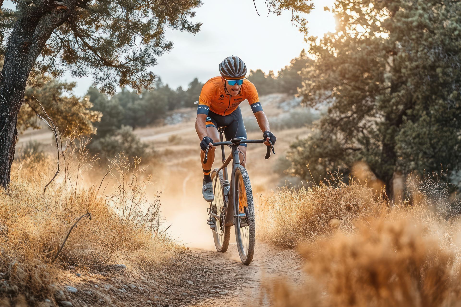 man wearing an orange shirt riding a bike on a dirt  path - urgent ortho auburn and opelika al