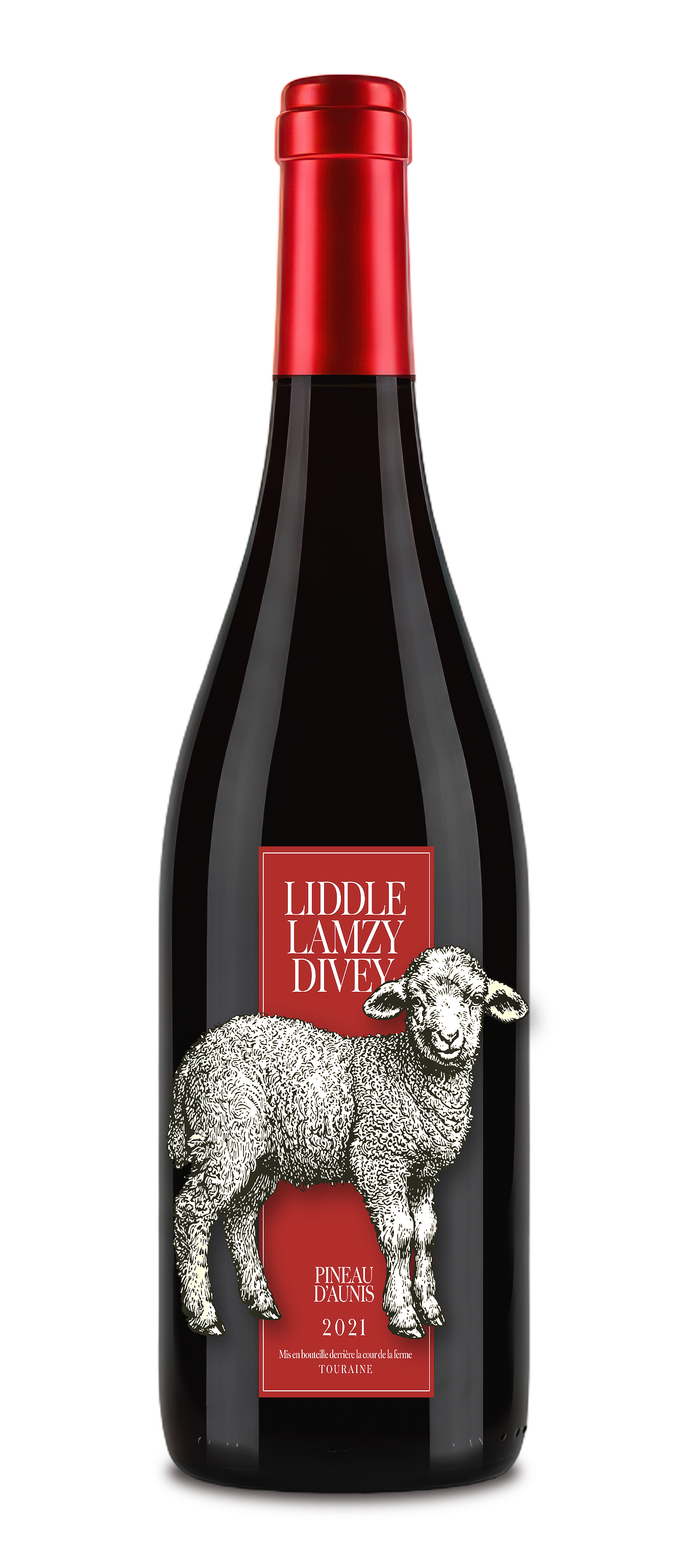 Wine bottle with label concept using a lamb woodcut drawing