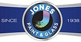 The logo for jones paint and glass is on a blue background.
