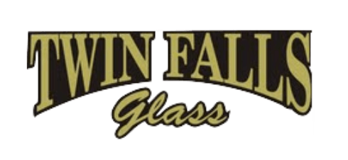 A logo for twin falls glass on a white background