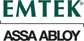 The logo for emtek assa abloy is green and black on a white background.