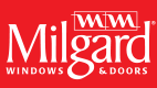 The logo for milgard windows and doors is on a red background.