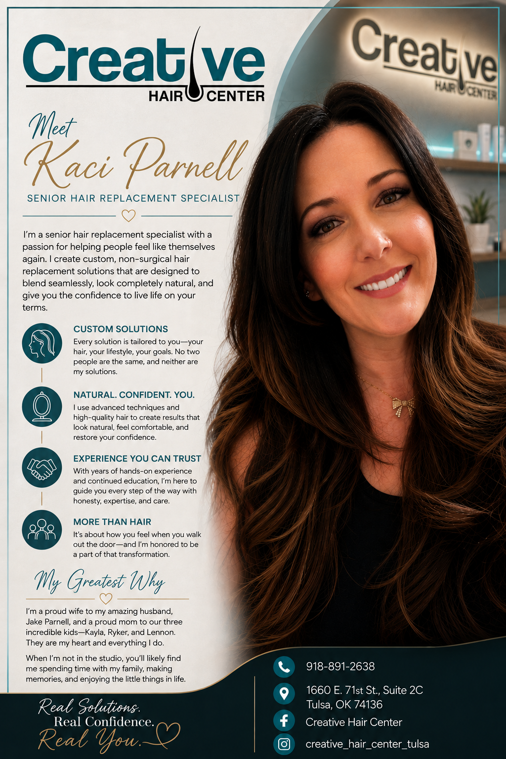 Creative Brain Center flyer featuring Kaci Powell beside a smiling portrait, teal and beige design