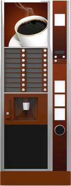 Distributore automatico di caffè con dispenser di tazze e pulsanti per la selezione delle bevande su un pannello marrone.