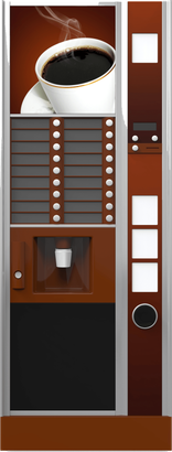 Distributore automatico di caffè con dispenser di tazze e pulsanti per la selezione delle bevande su un pannello marrone.