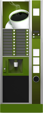 Distributore automatico di caffè verde con dispenser di tazze e pulsanti di selezione