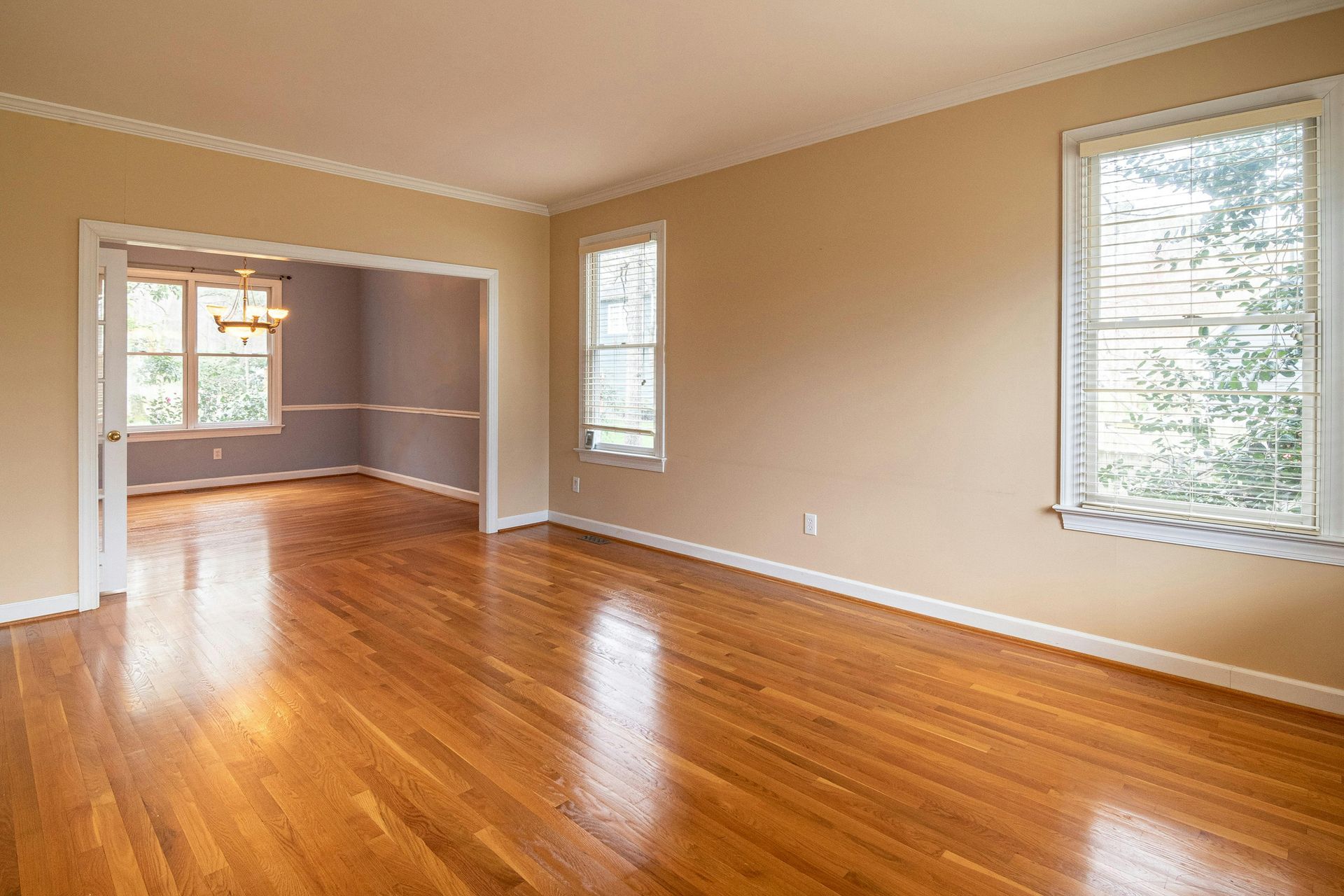 Empty living room with hardwood floors, beige walls, and windows letting in natural light