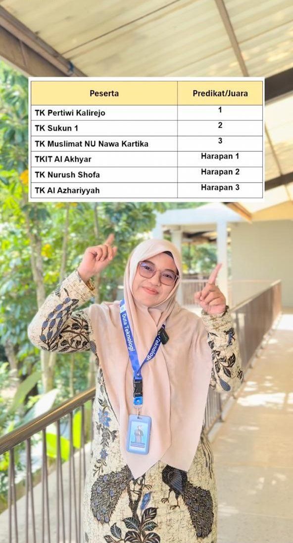 Woman in beige hijab and lanyard posing with peace signs beside a prayer times chart.