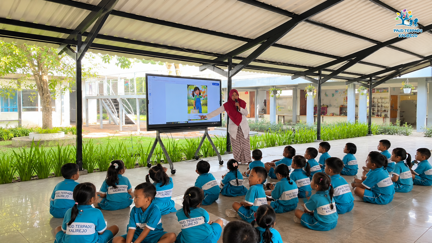Teacher presenting to seated children in an open-air classroom with a projected screen