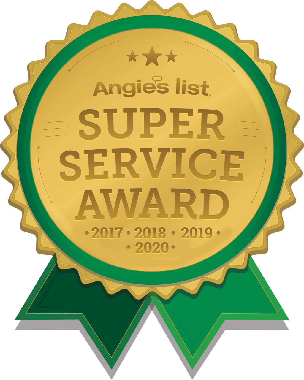 Angie's List Super Service Award badge, gold and green, awarded from 2017-2020.