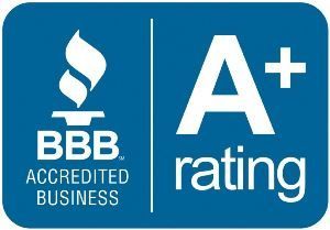 BBB logo: blue background with a flame, "BBB Accredited Business," and "A+ rating" in white.