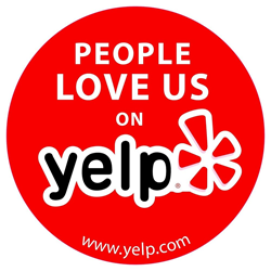 Red circle with "People Love Us on Yelp" logo.