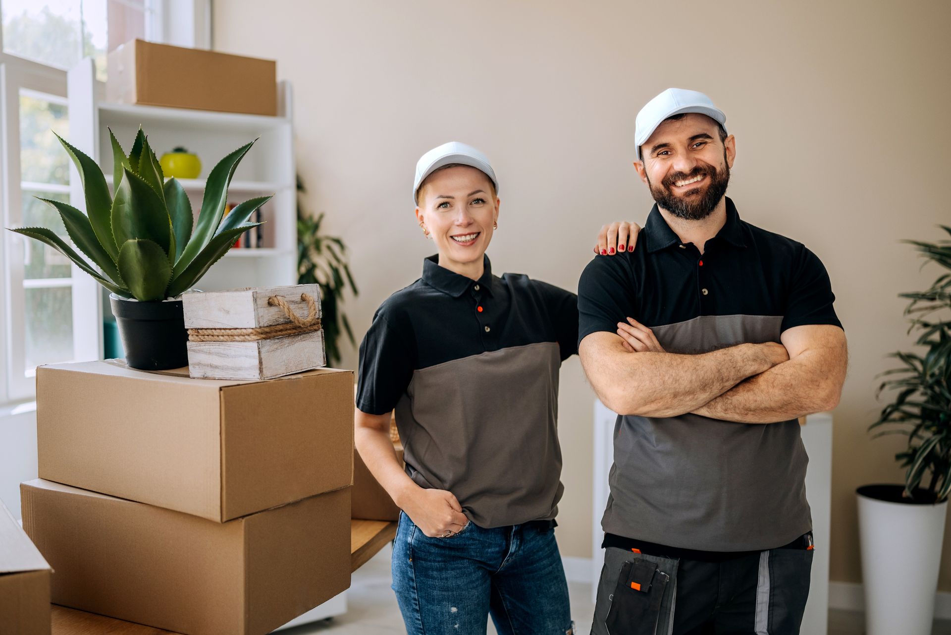 Professional movers posing for camera while standing near cardboard boxes in apartment. Professional movers posing for camera while standing near cardboard boxes in apartment.