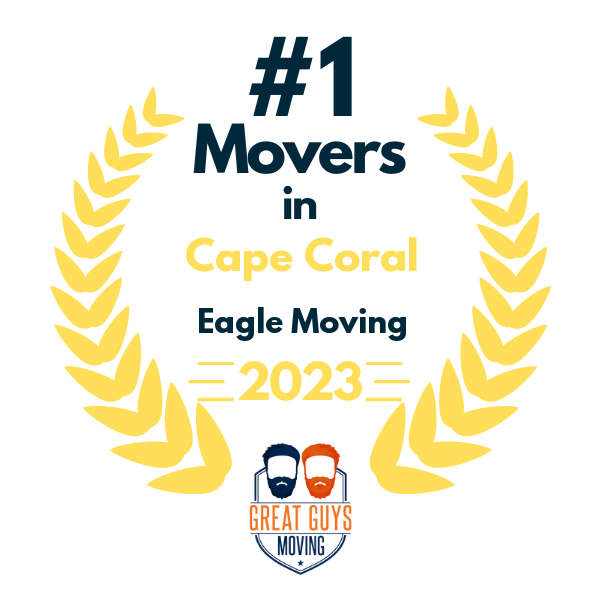 Badge: "#1 Movers in Cape Coral," "Eagle Moving," 2023, Great Guys Moving logo (two bearded men).