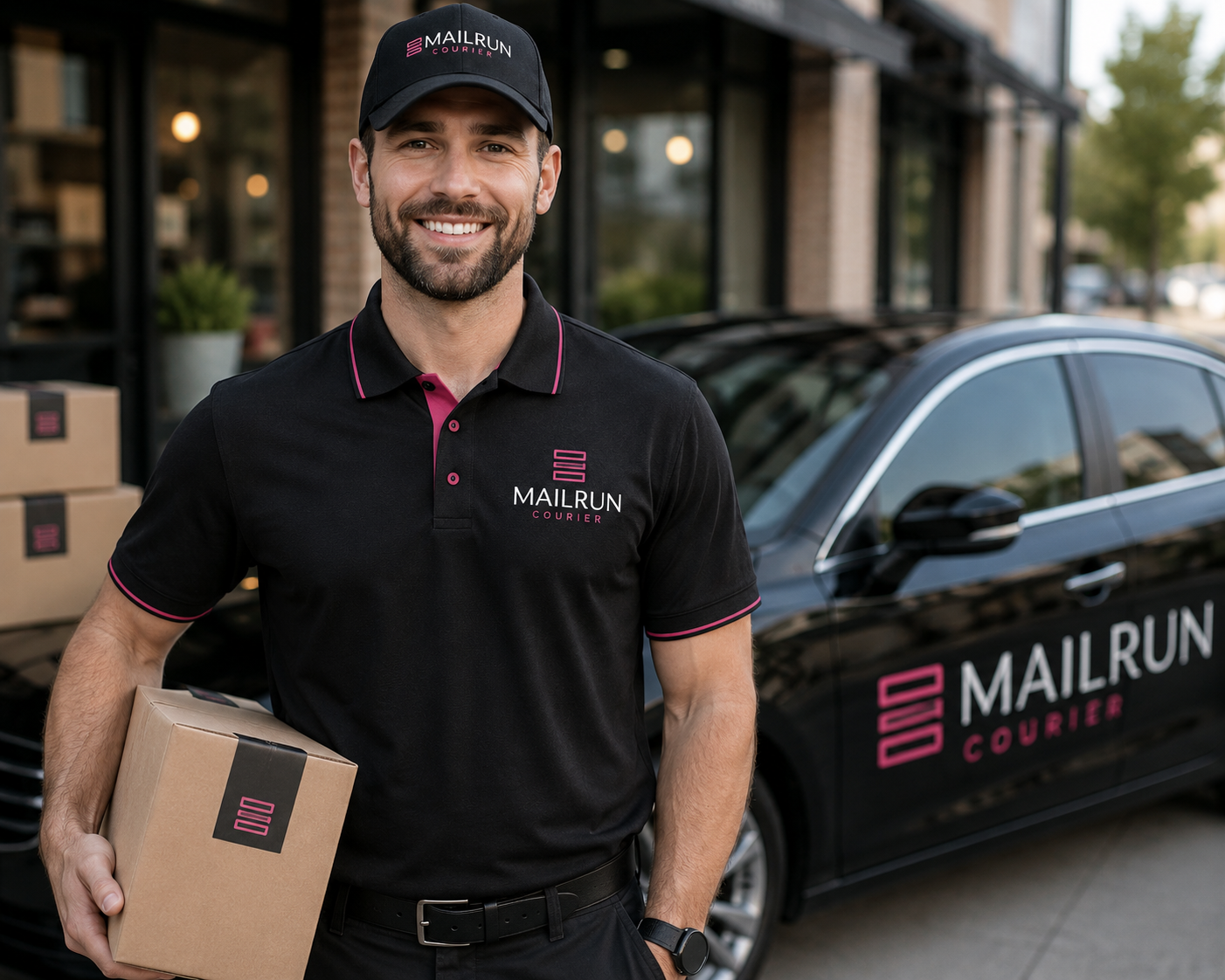 Smiling Mailrun Couriers driver holding a package beside a branded delivery van