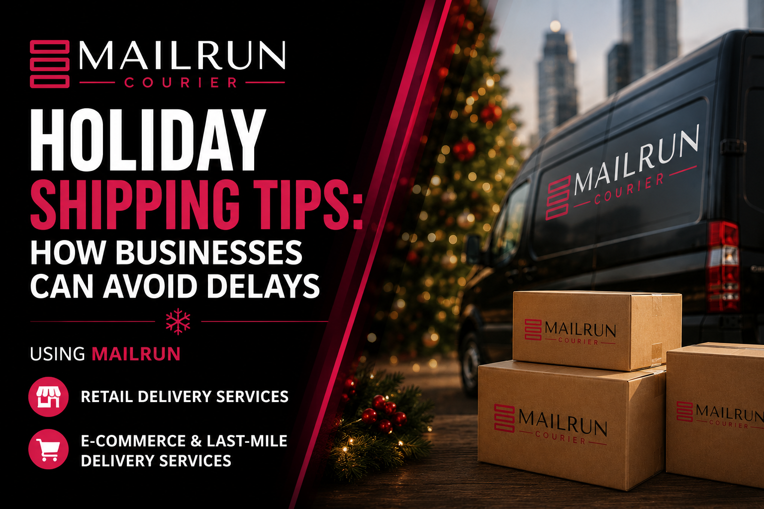 Mailrun holiday shipping tips ad with stacked packages, delivery truck, and Christmas tree in a snowy city scene