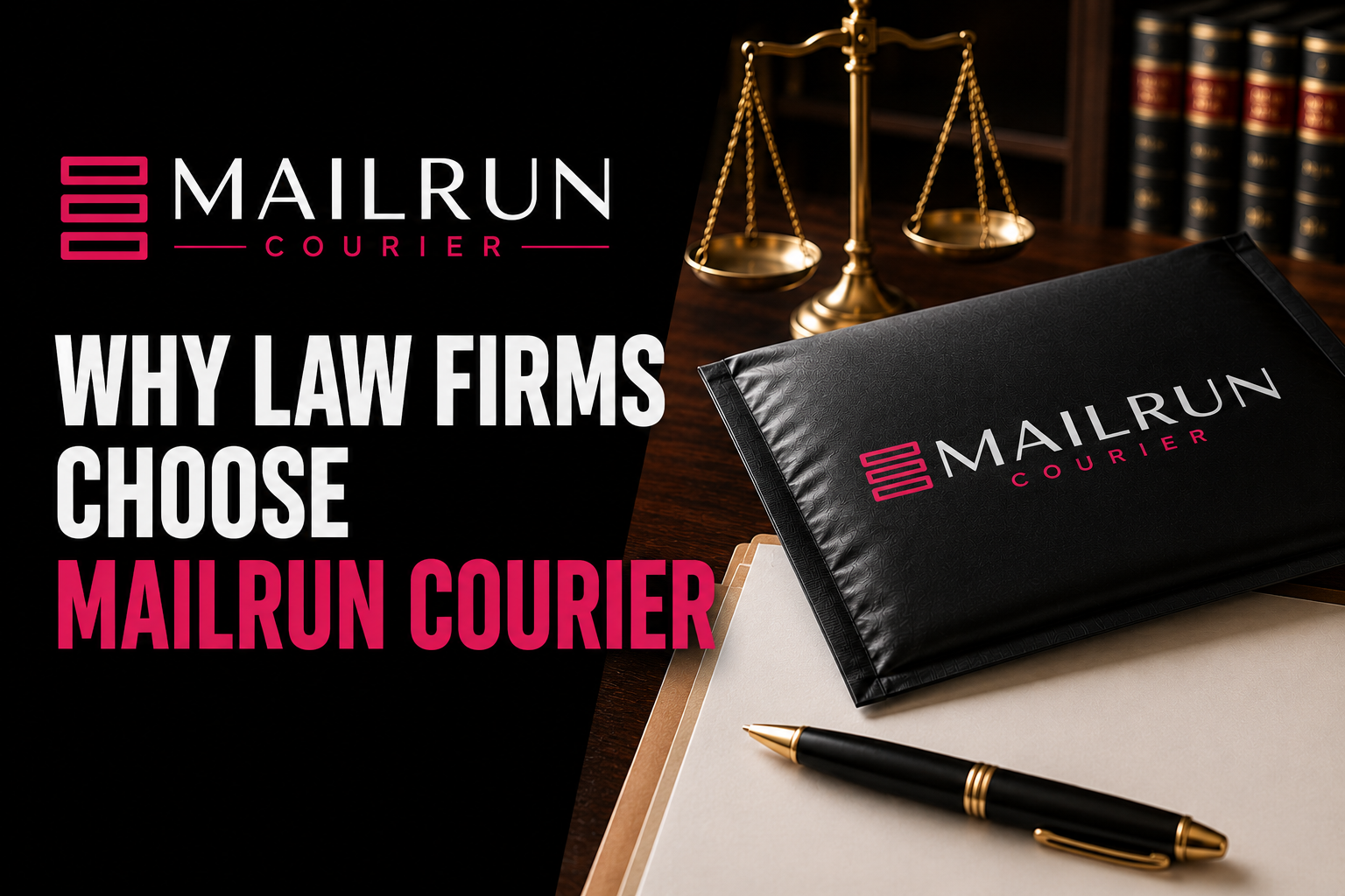 MailRun Courier ad: black-and-red legal-themed layout with scales, laptop, notebook, and pen.