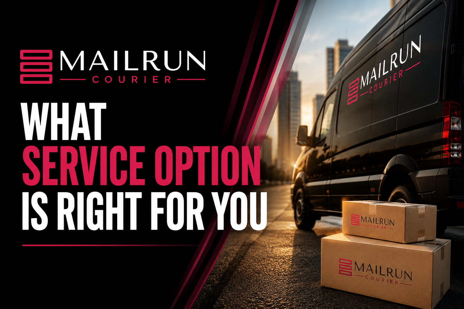 Mailrun Courier ad with van and boxes: “What service option is right for you?”