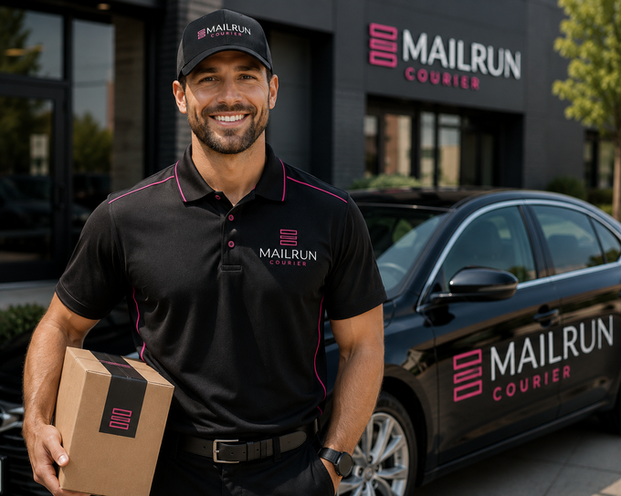 MailRun Courier driver holding a package beside a branded delivery van and storefront